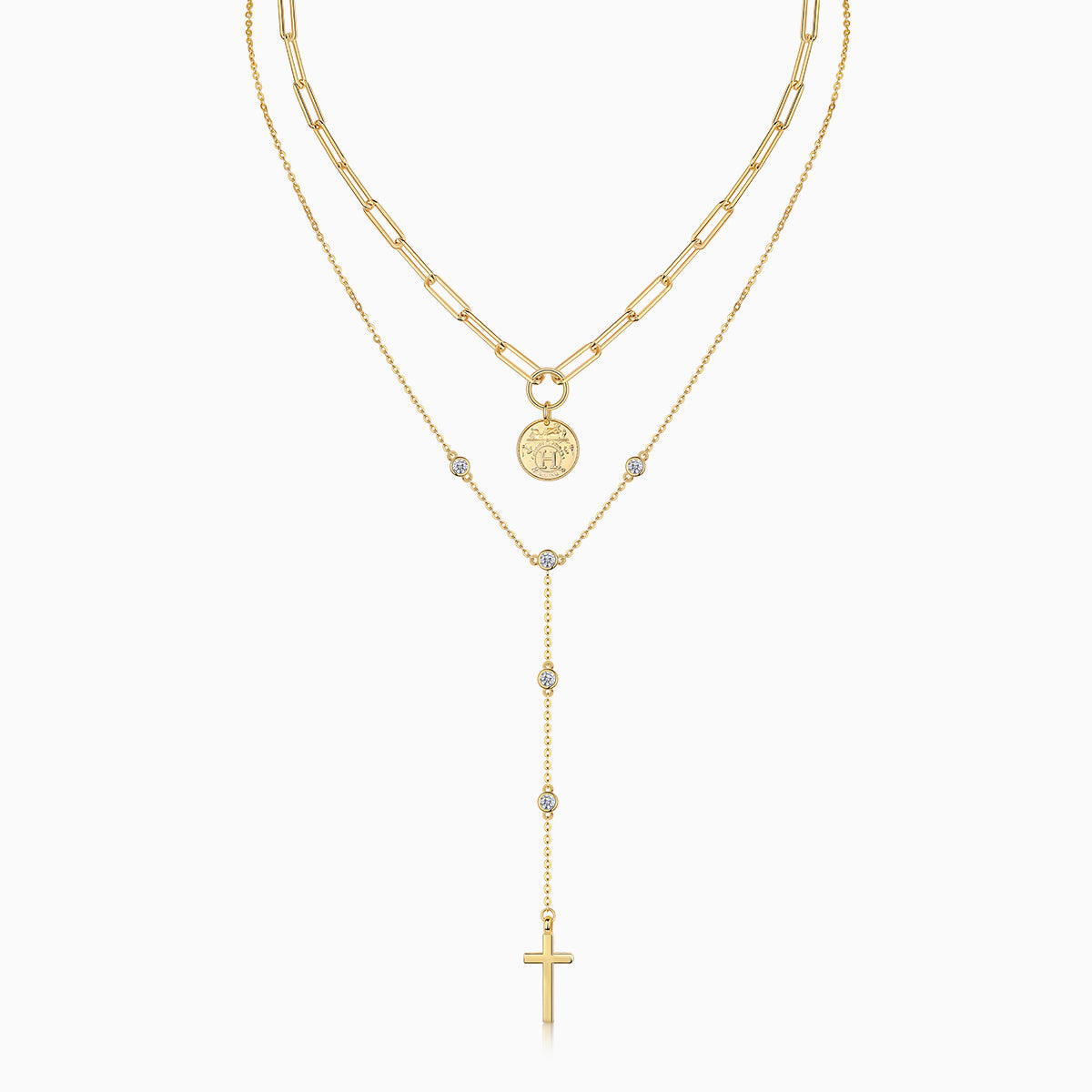 2-layer lariat necklace set, yellow gold vermeil, cross and coin pendants