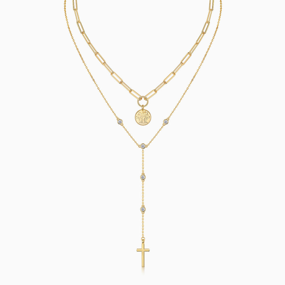 2-layer lariat necklace set, yellow gold vermeil, cross and coin pendants