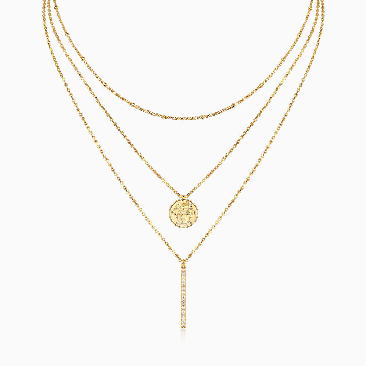 Layered coin-and-bar necklace set, yellow gold vermeil tone, three chains