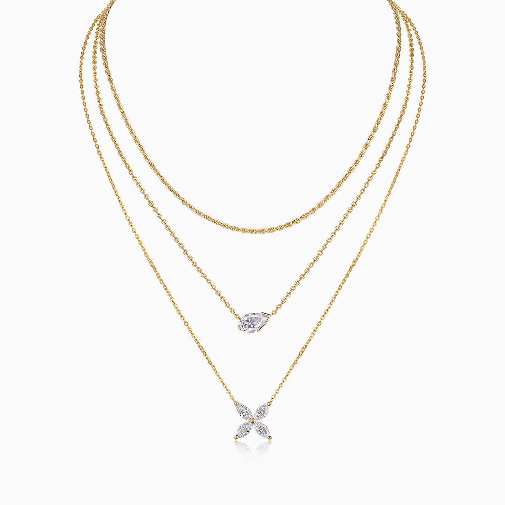 3-layer moissanite necklace set with gold-tone chains and pear-cut crystal pendants