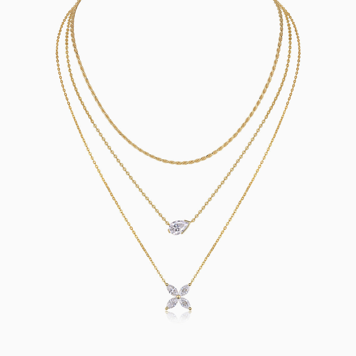 3-layer moissanite necklace set with gold-tone chains and pear-cut crystal pendants
