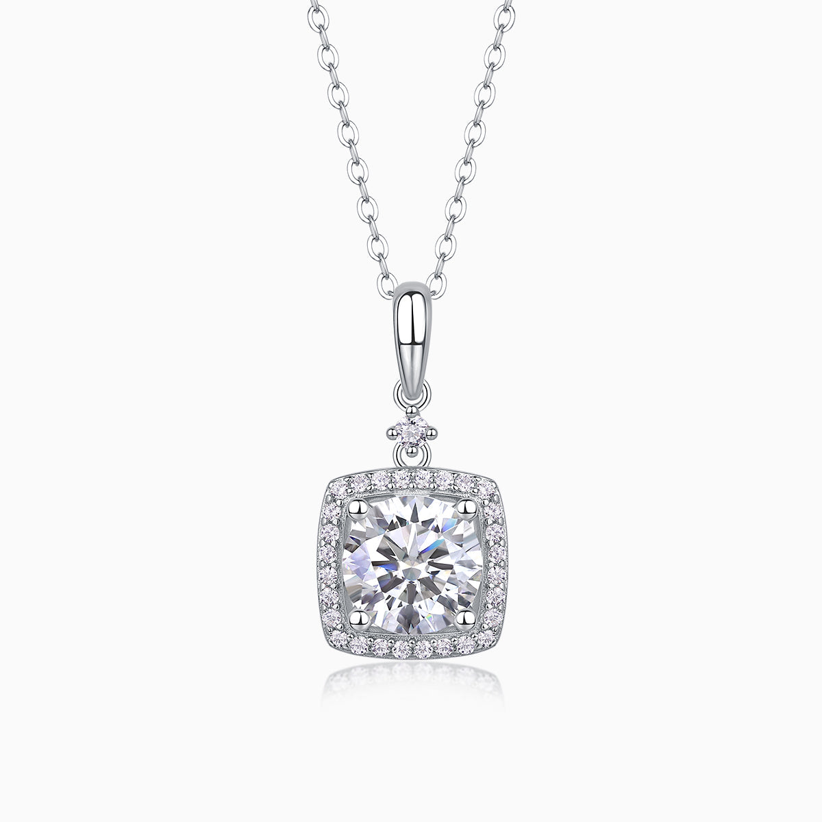 Moissanite pendant with square halo and chain, white gold vermeil finish, 2ct