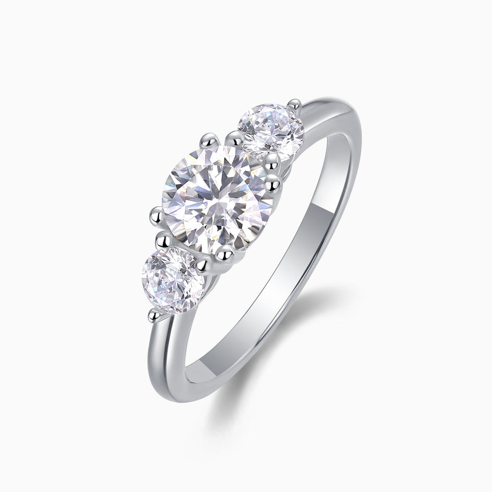 Angled three-stone round moissanite ring, white gold vermeil, prong-set stones
