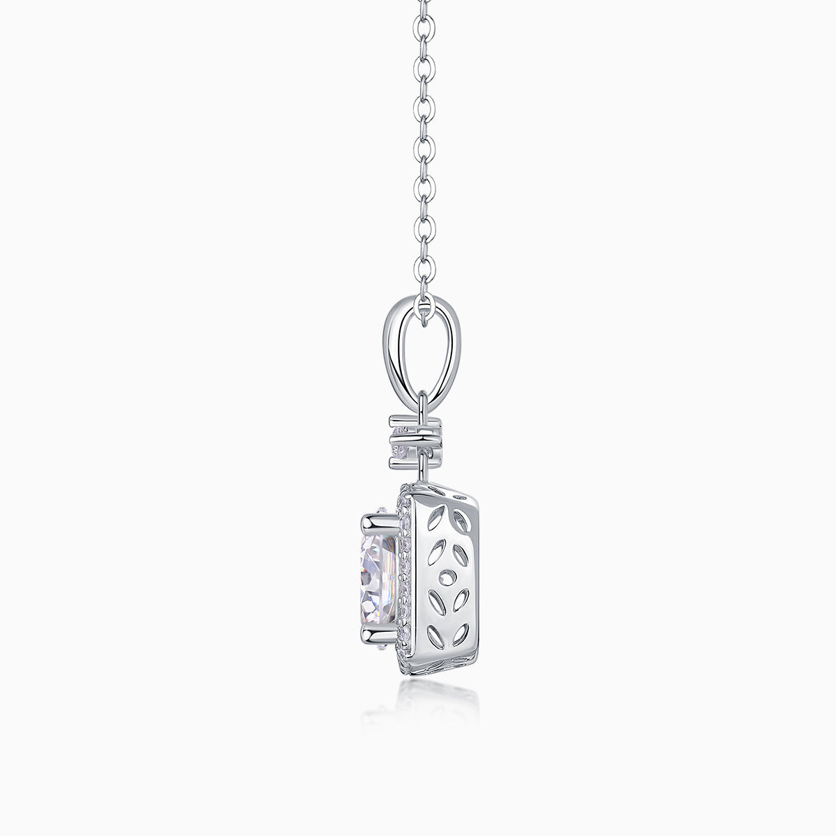 Square halo moissanite pendant, round center stone, white gold vermeil bail