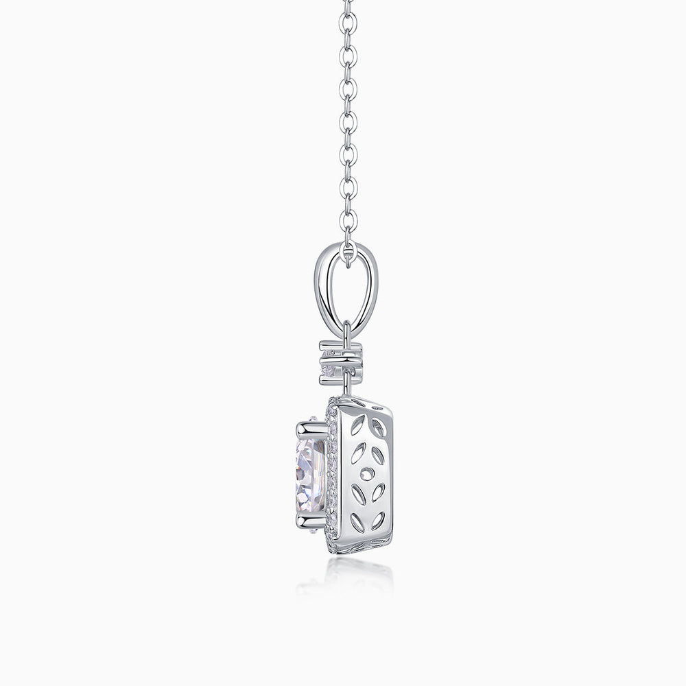 Square halo moissanite pendant, round center stone, white gold vermeil bail