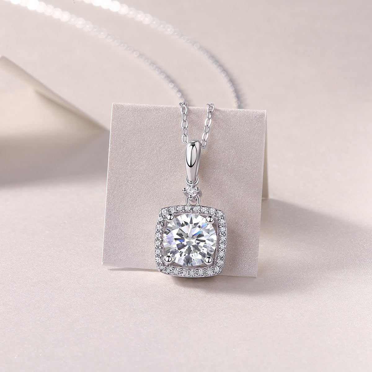 Round brilliant moissanite in square halo pendant, white gold vermeil necklace