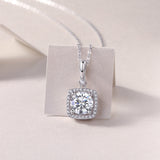 Round brilliant moissanite in square halo pendant, white gold vermeil necklace