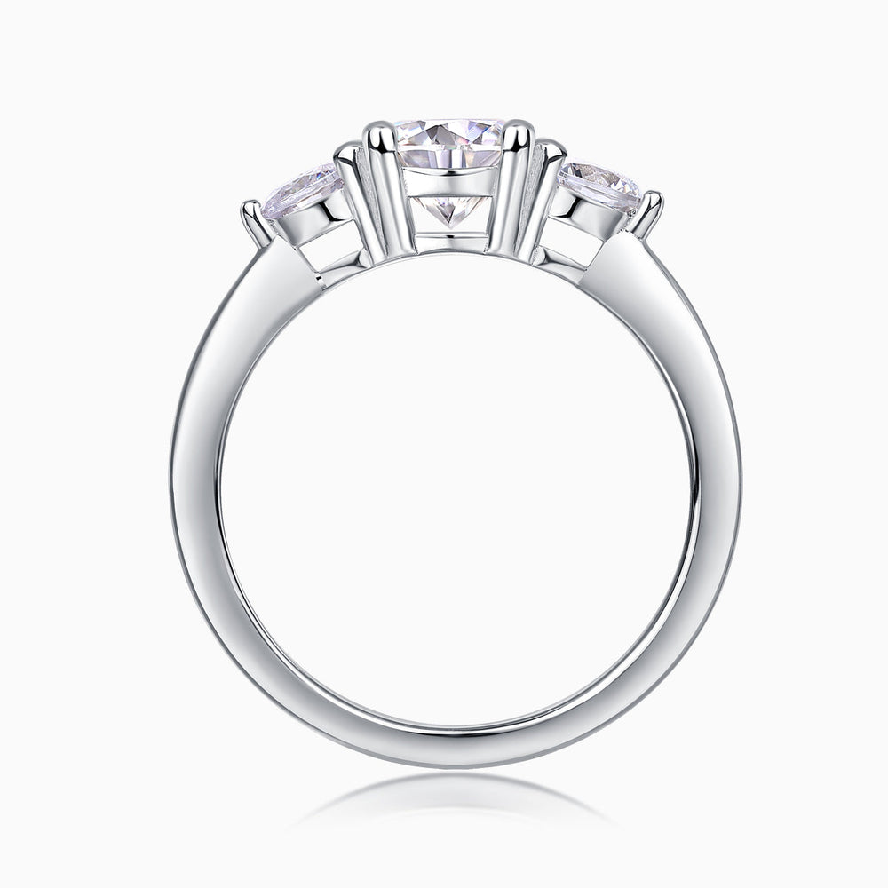 Front view of white gold vermeil engagement ring with prong-set round center moissanite