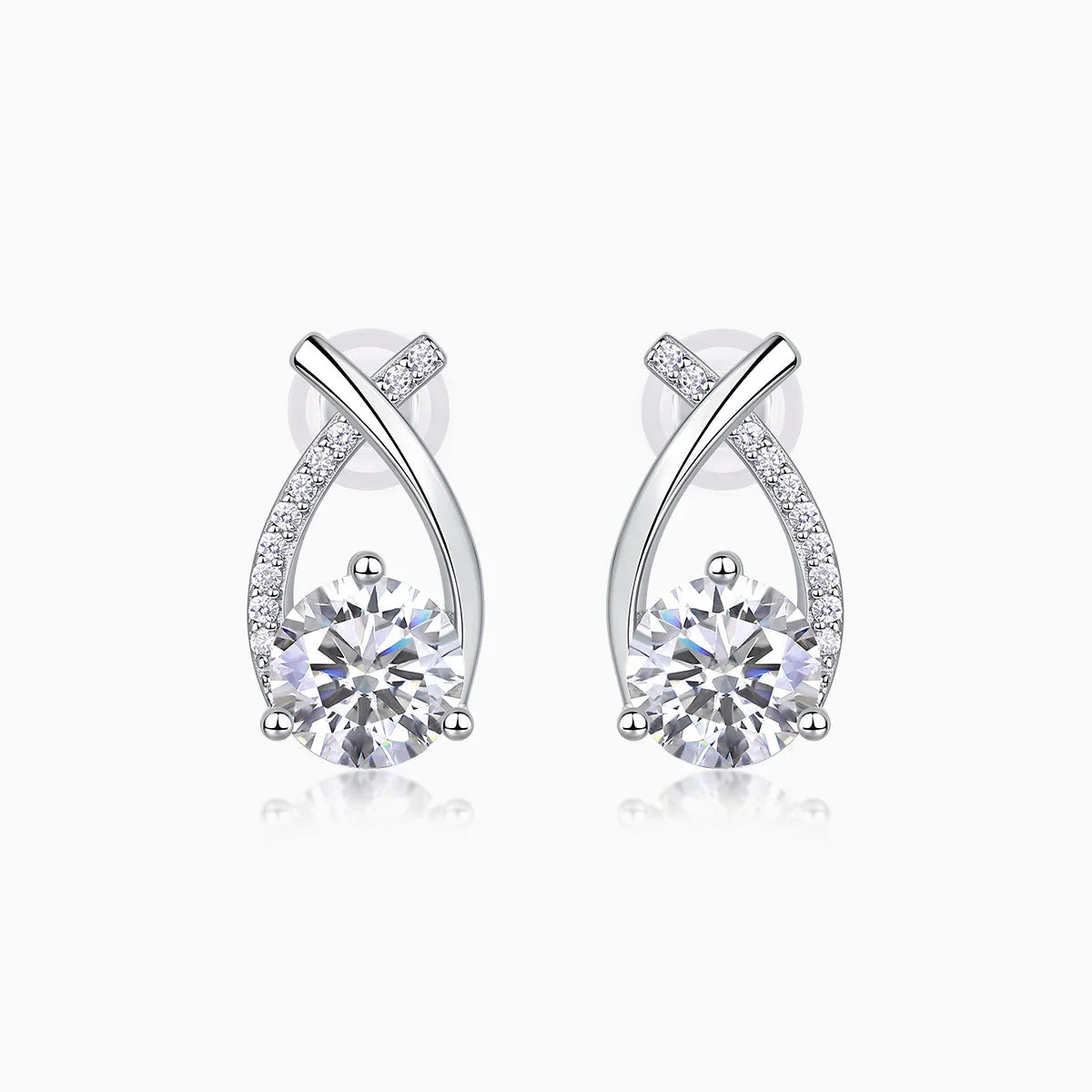 Moissanite stud earrings in white gold vermeil, pear teardrop with ribbon pavé detailing