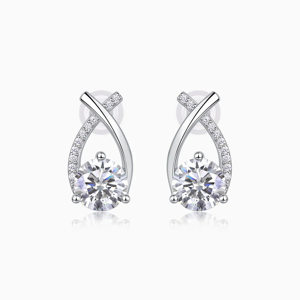 Moissanite stud earrings in white gold vermeil, pear teardrop with ribbon pavé detailing
