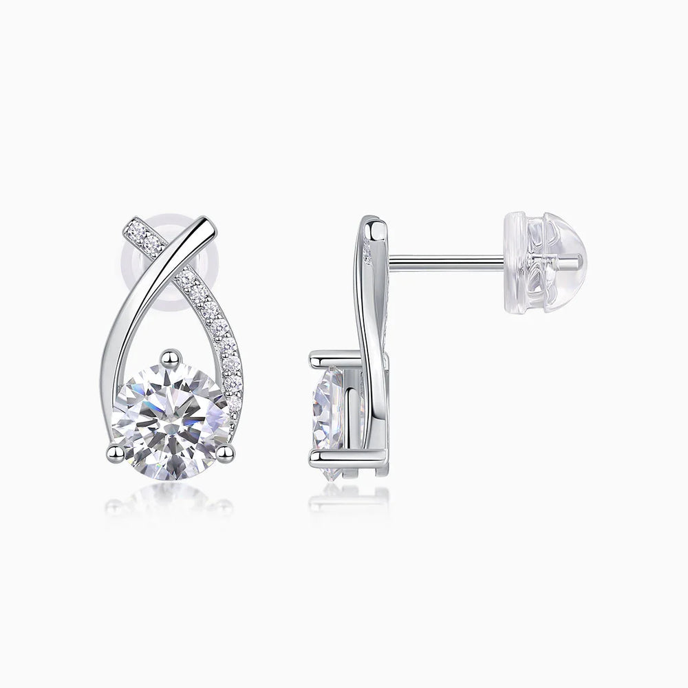 Teardrop moissanite studs with ribbon pavé front and hinged push-back clasp