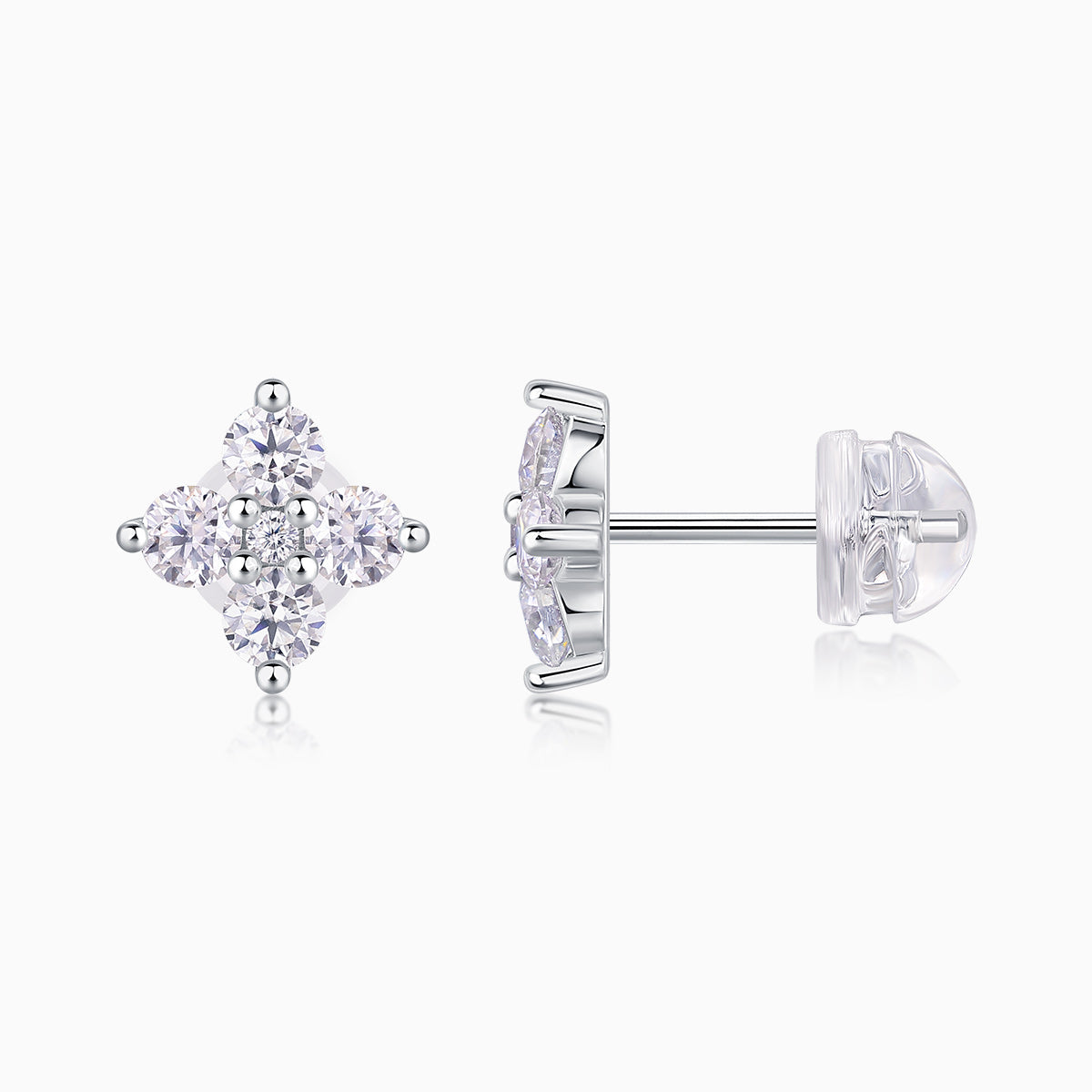 Moissanite cluster stud earrings with post and hinged back, white gold vermeil