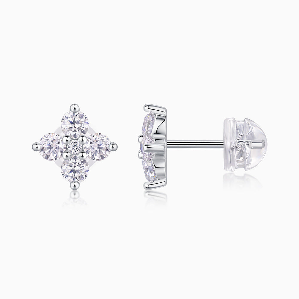 Moissanite cluster stud earrings with post and hinged back, white gold vermeil