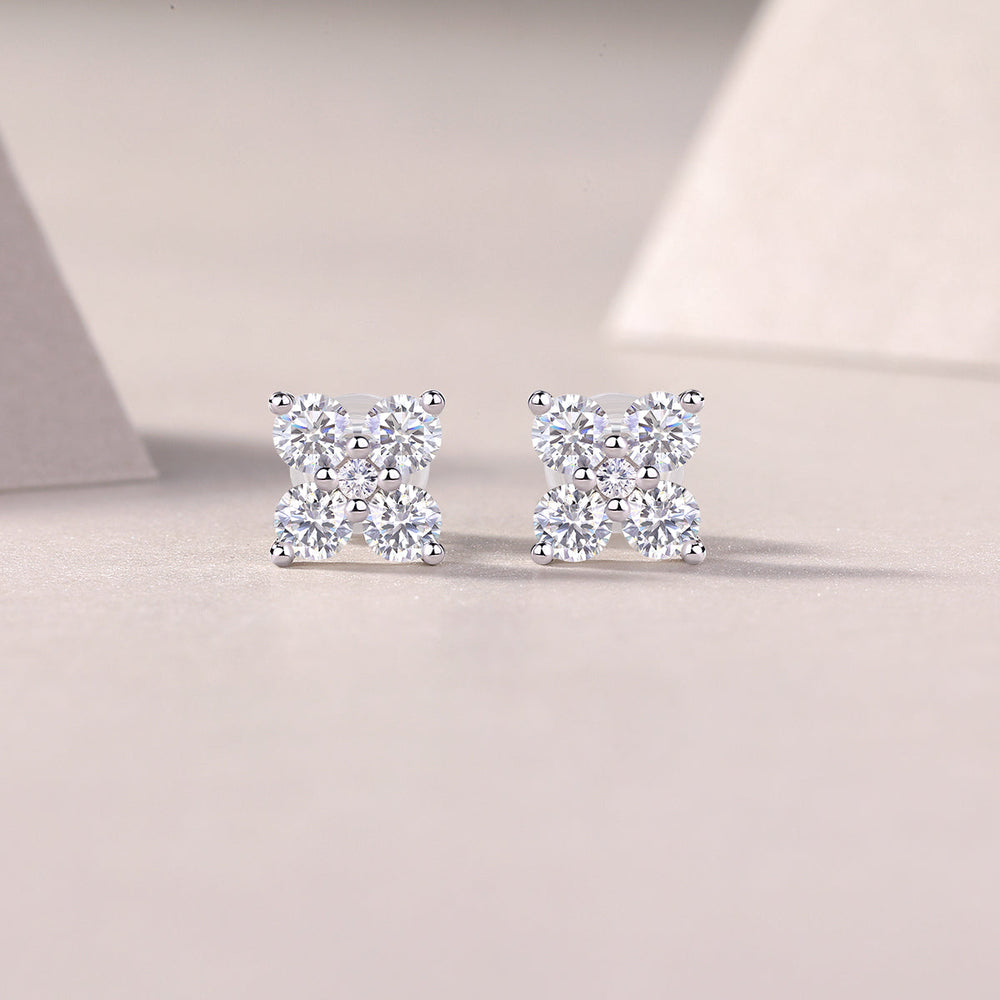 Square-like moissanite cluster stud earrings with four sparkling stones