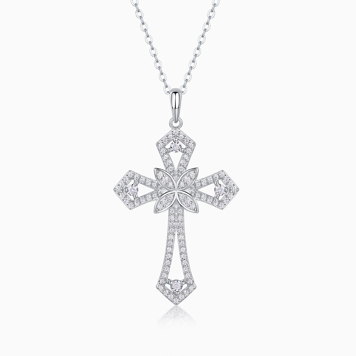 Gothic floral cross pendant necklace with pavé moissanite, white gold tone, chain