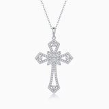 Gothic floral cross pendant necklace with pavé moissanite, white gold tone, chain