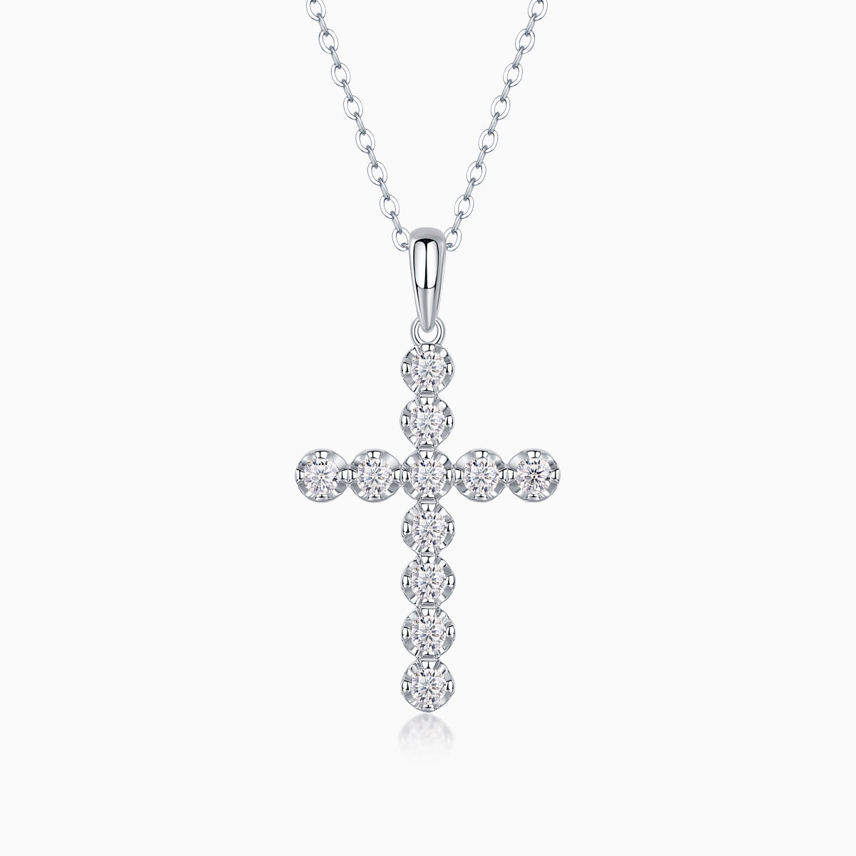 White gold cross pendant with round moissanite stones on link chain
