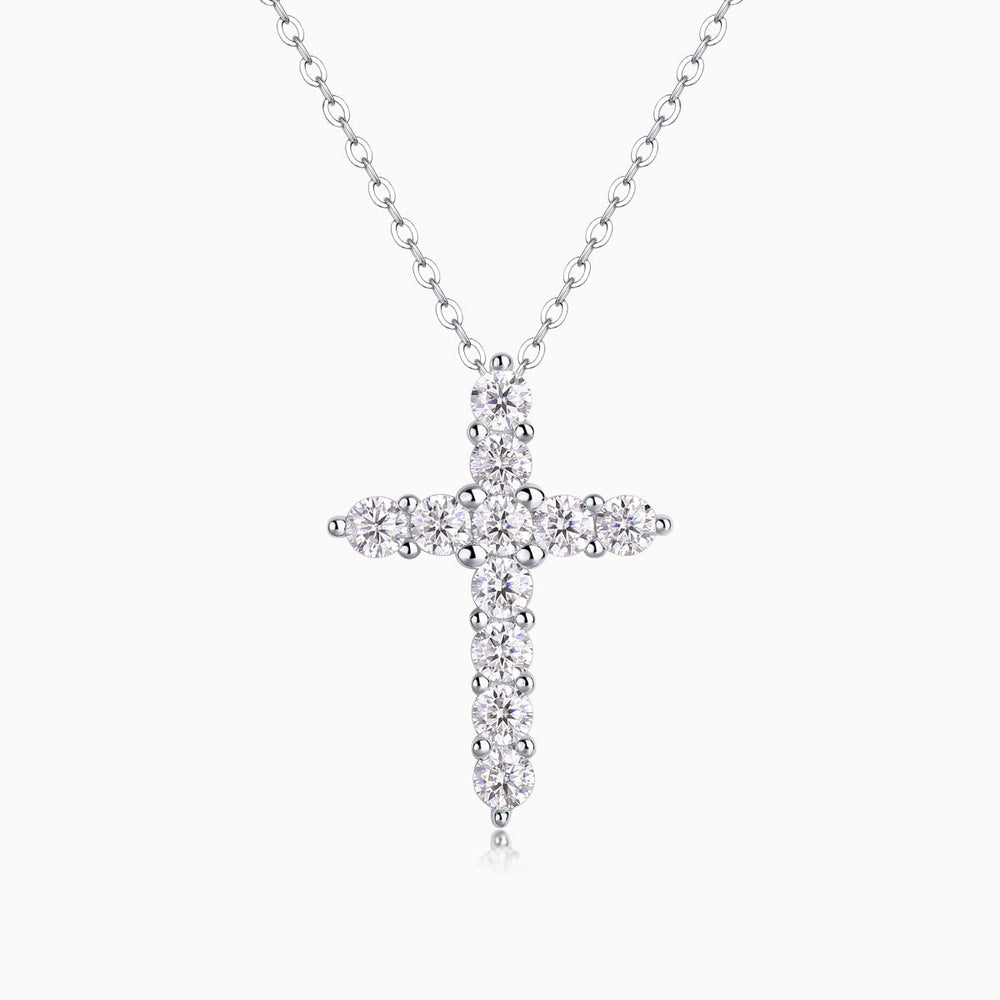 White metal round moissanite cross pendant with bezel-set round stones