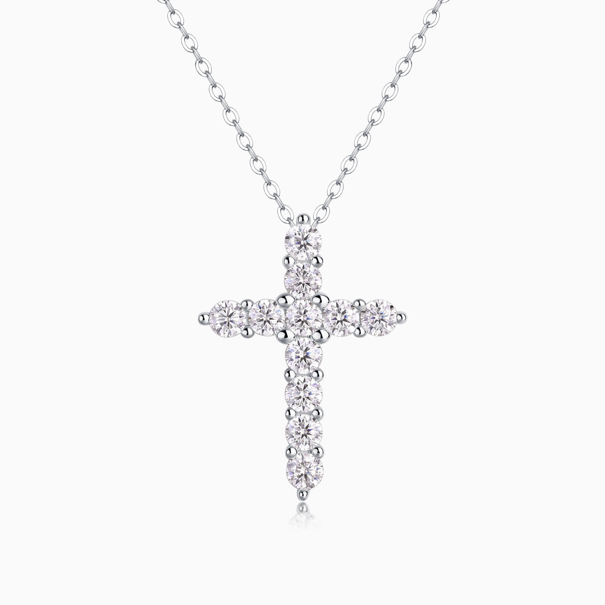 White metal round moissanite cross pendant with bezel-set round stones