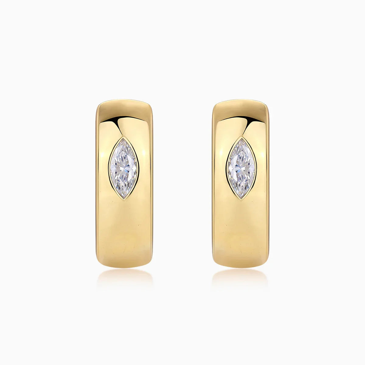 Set of chunky huggie hoop earrings, yellow gold vermeil with marquise moissanite
