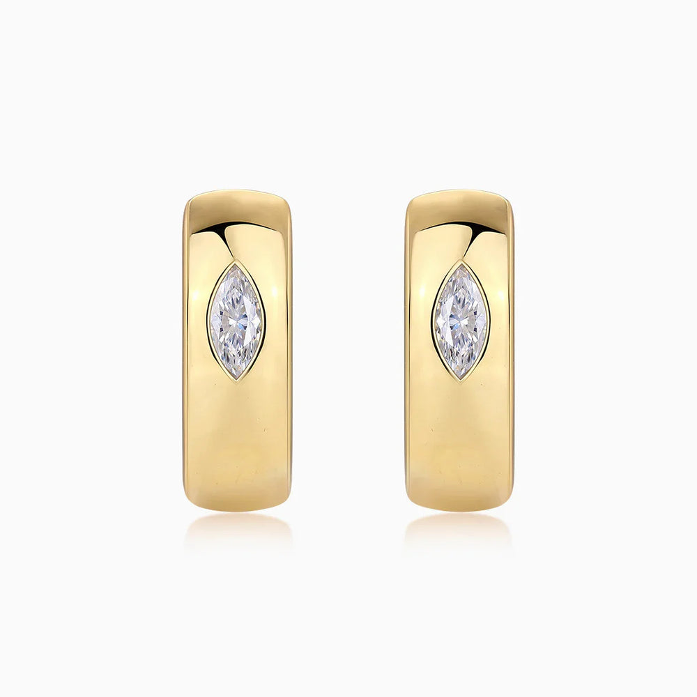 Set of chunky huggie hoop earrings, yellow gold vermeil with marquise moissanite