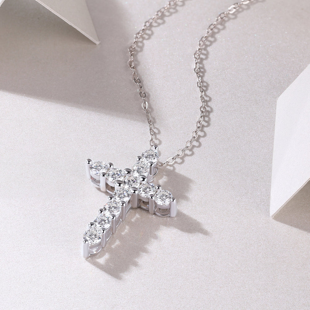White metal round moissanite cross pendant necklace with clustered stones