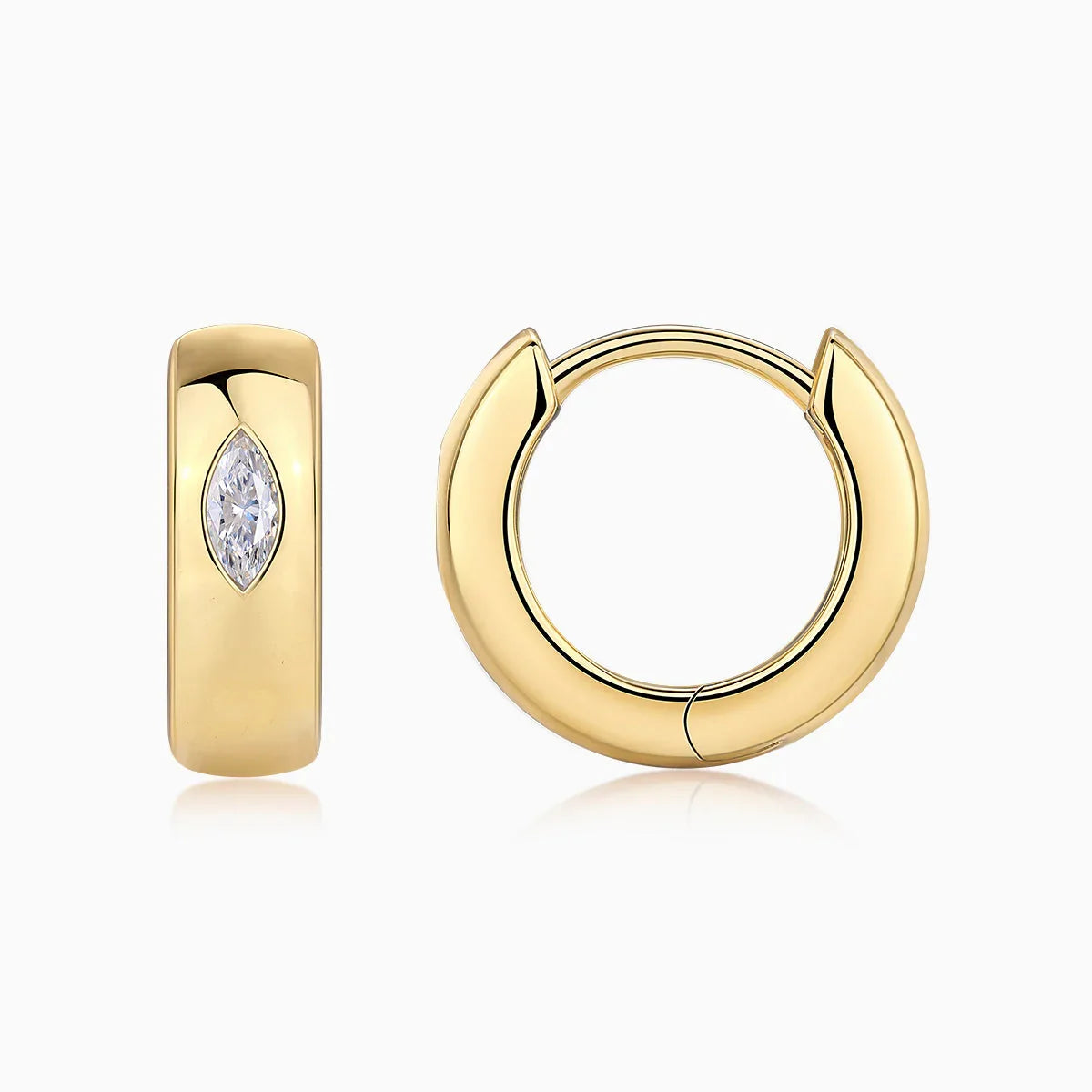 Chunky huggie hoops, yellow gold vermeil, bezel-set marquise moissanite