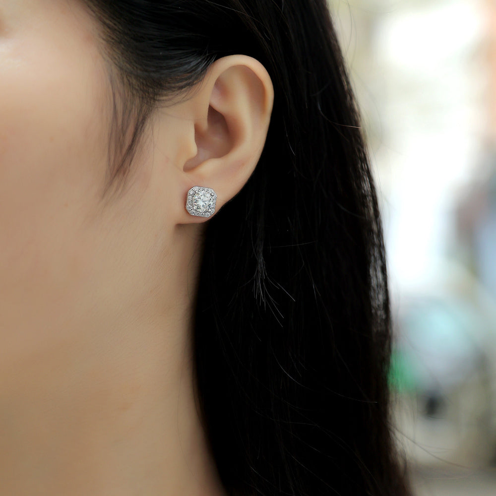 Octagon Halo Moissanite Stud Earrings in white gold vermeil, small halo sparkle close-up
