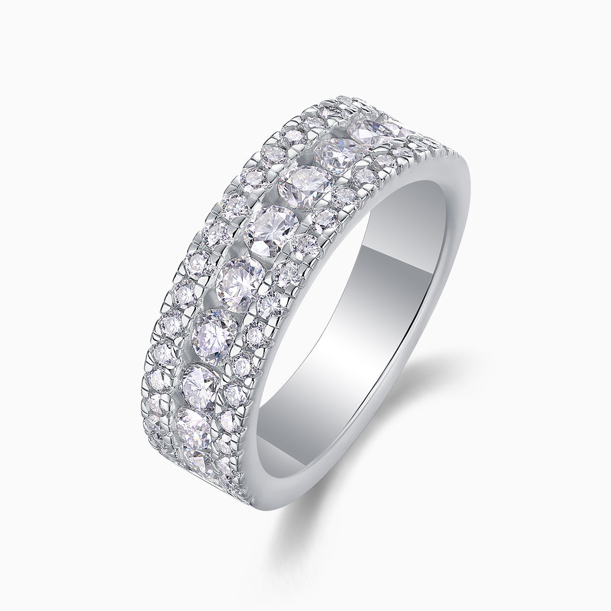 Triple row half eternity moissanite ring with rounded settings and bright round stones