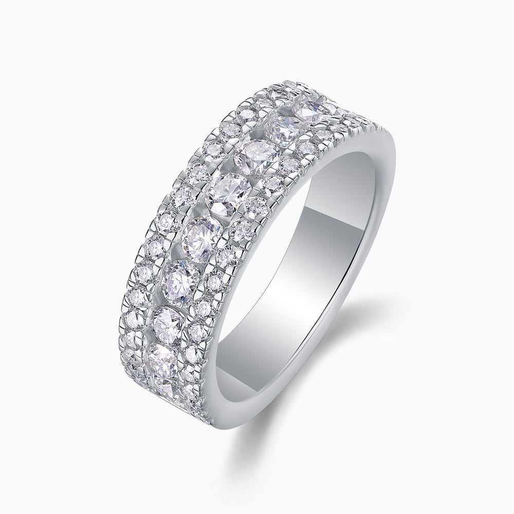 Triple row half eternity moissanite ring with rounded settings and bright round stones