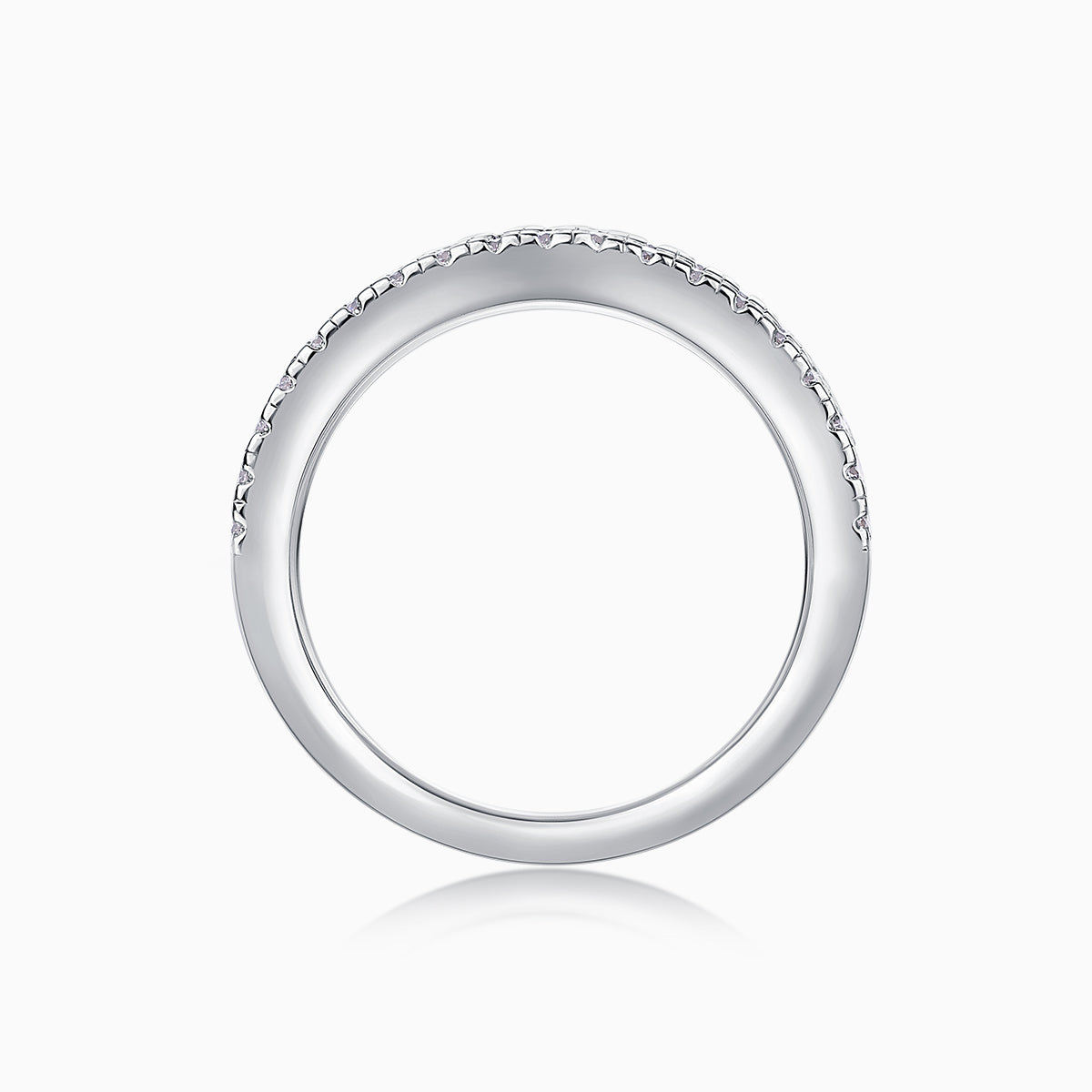 Triple row half eternity ring, side view with continuous stone bezel