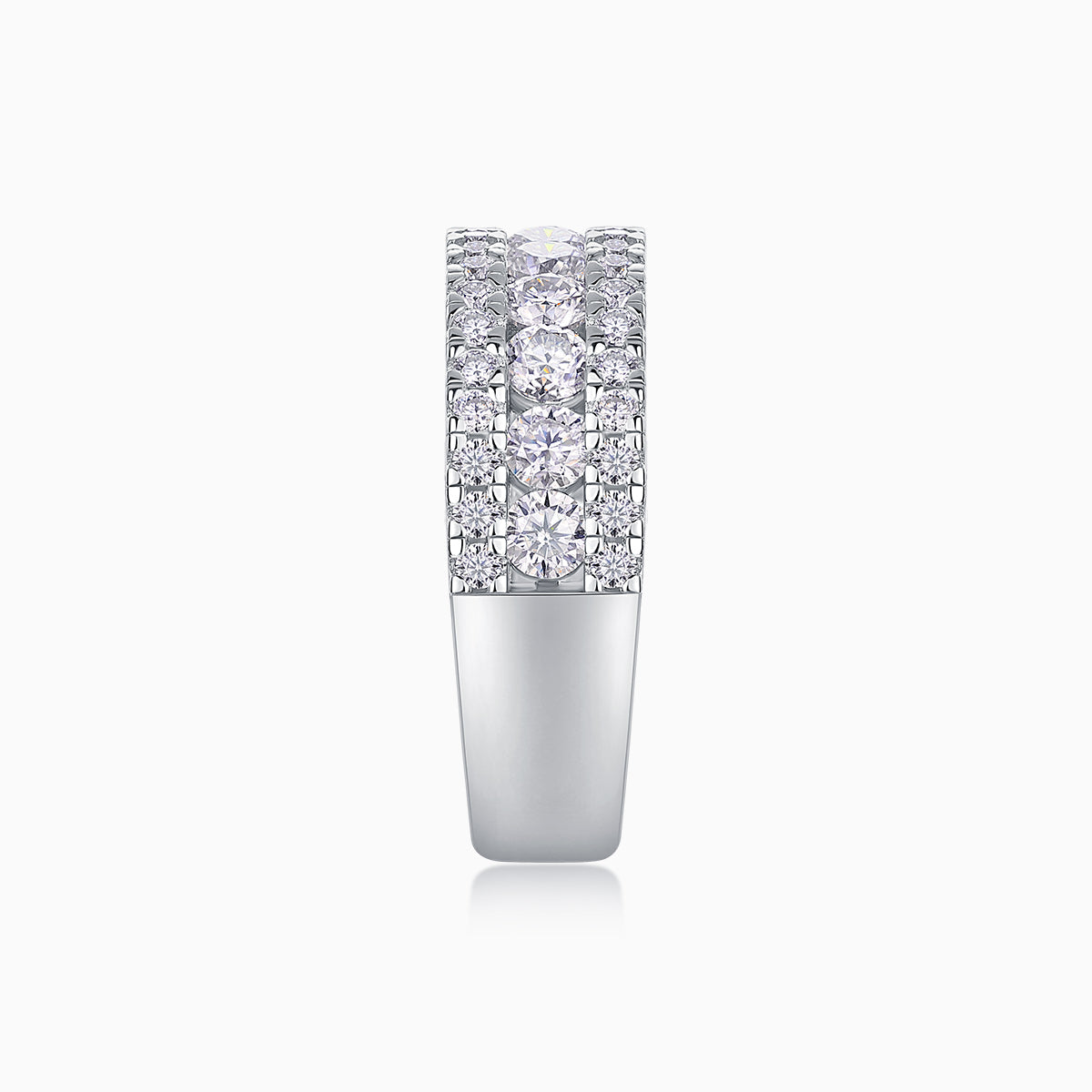 Moissanite half eternity band showing raised center rows of round stones