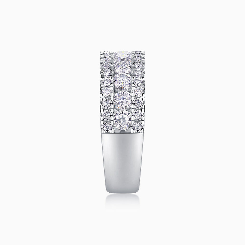 Moissanite half eternity band showing raised center rows of round stones