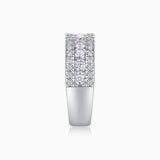 Moissanite half eternity band showing raised center rows of round stones