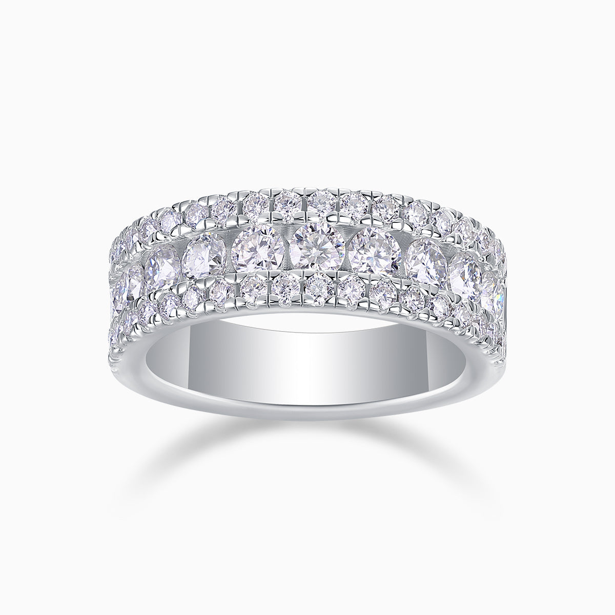 Triple Row Half Eternity Moissanite band in white gold vermeil, three rows of round stones