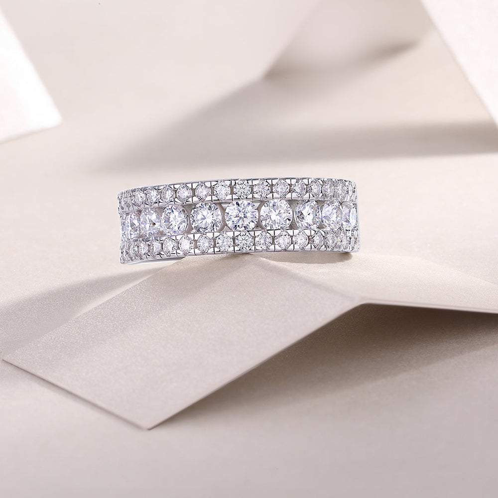 Triple row half eternity moissanite band, front view of stacked round stones