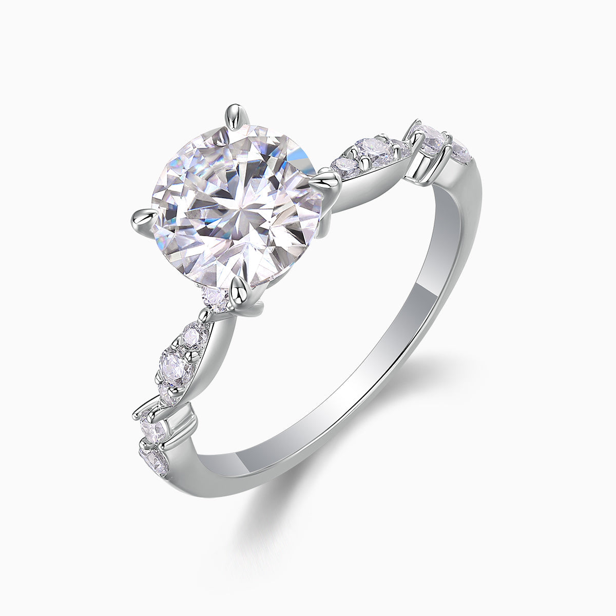 Round twist moissanite engagement ring angled view, round center with twisted prong setting