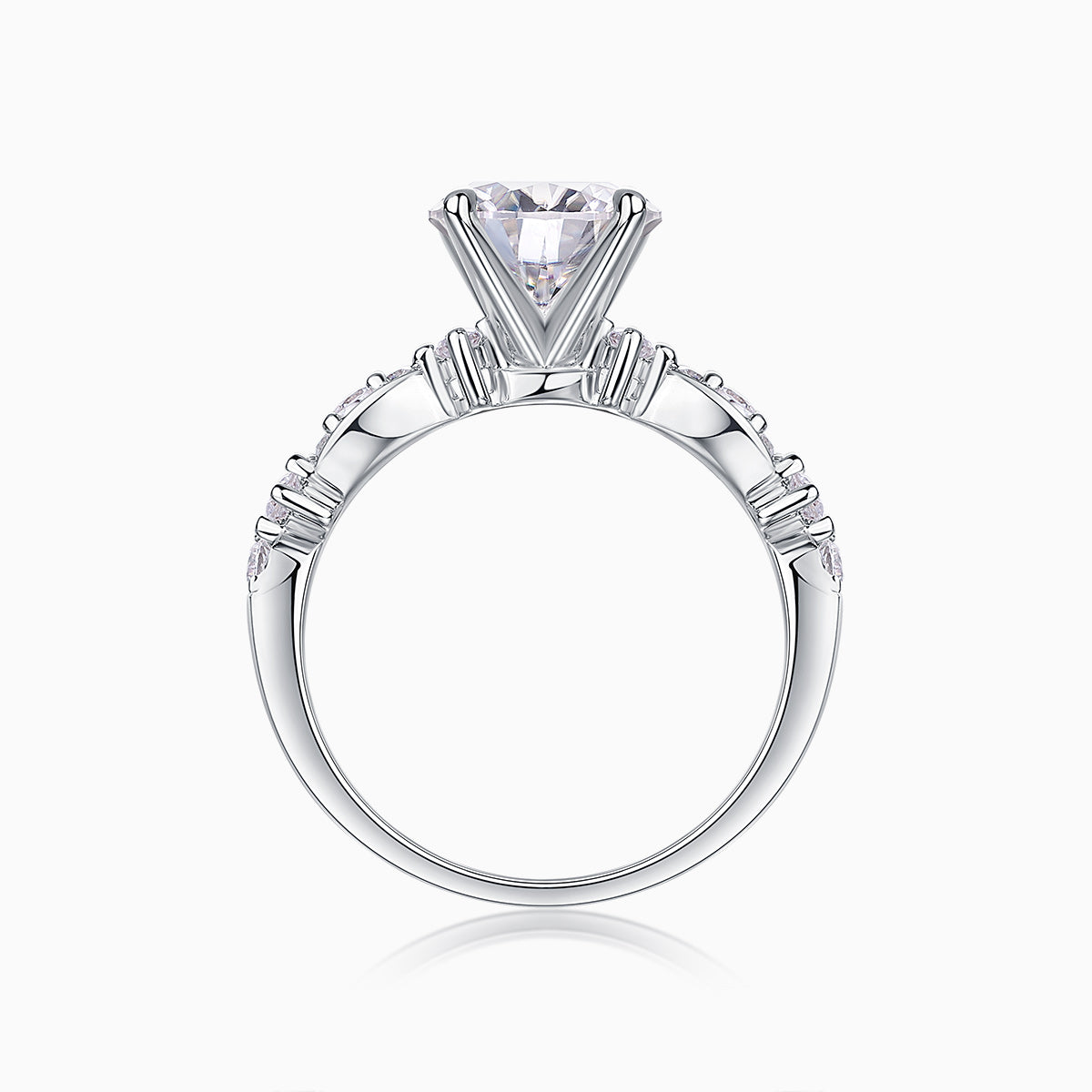 Round twist moissanite engagement ring top view, round center stone with pavé shoulders