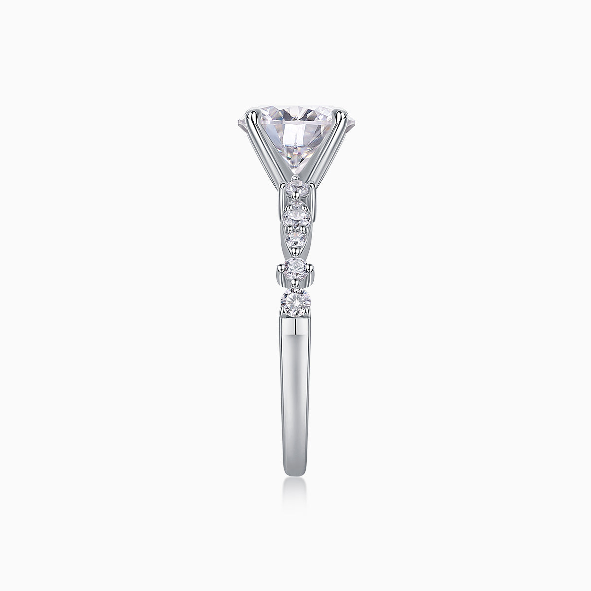 Round twist moissanite engagement ring side profile, prong-set center with stacked side stones