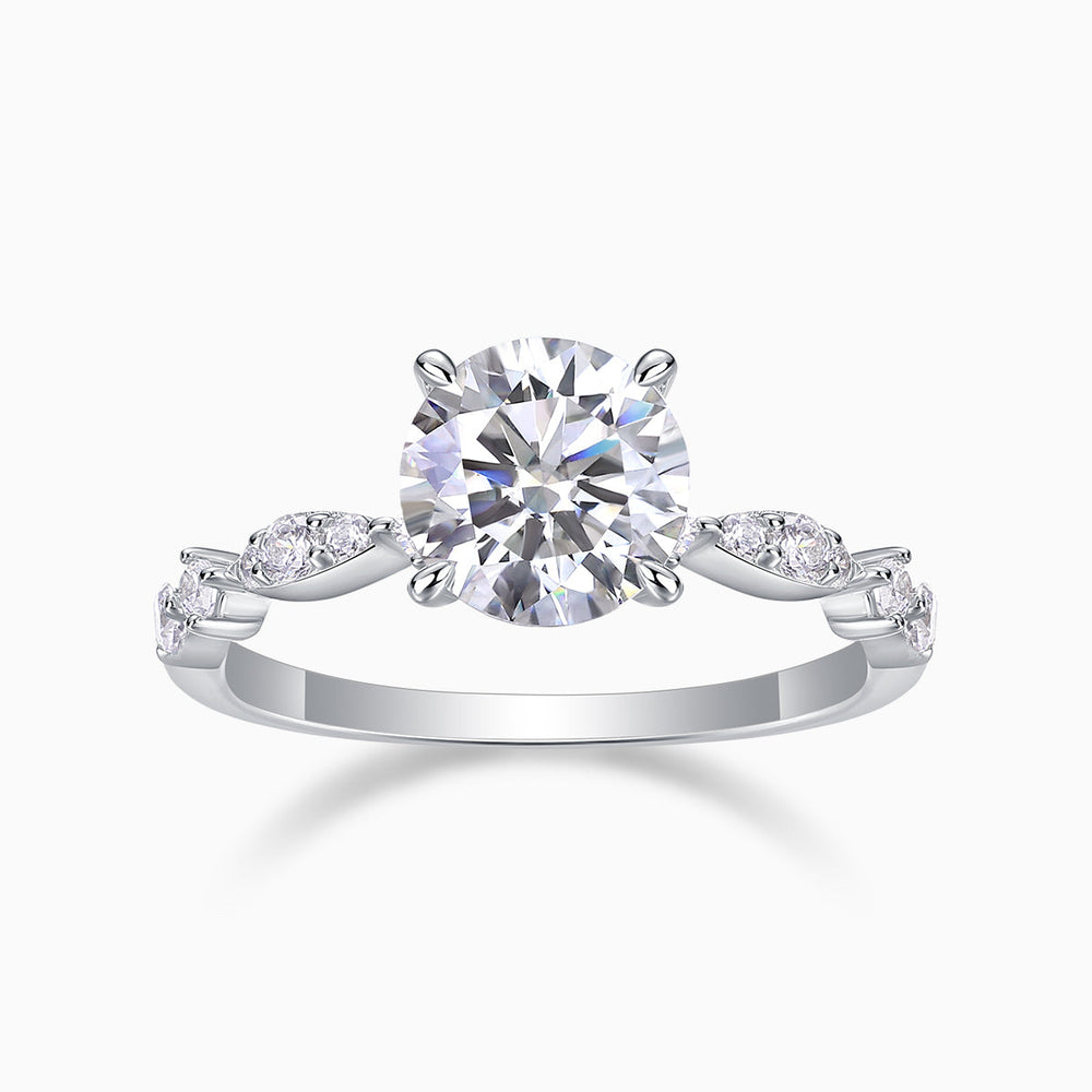 Round twist moissanite engagement ring, white gold plated, prong-set round center stone
