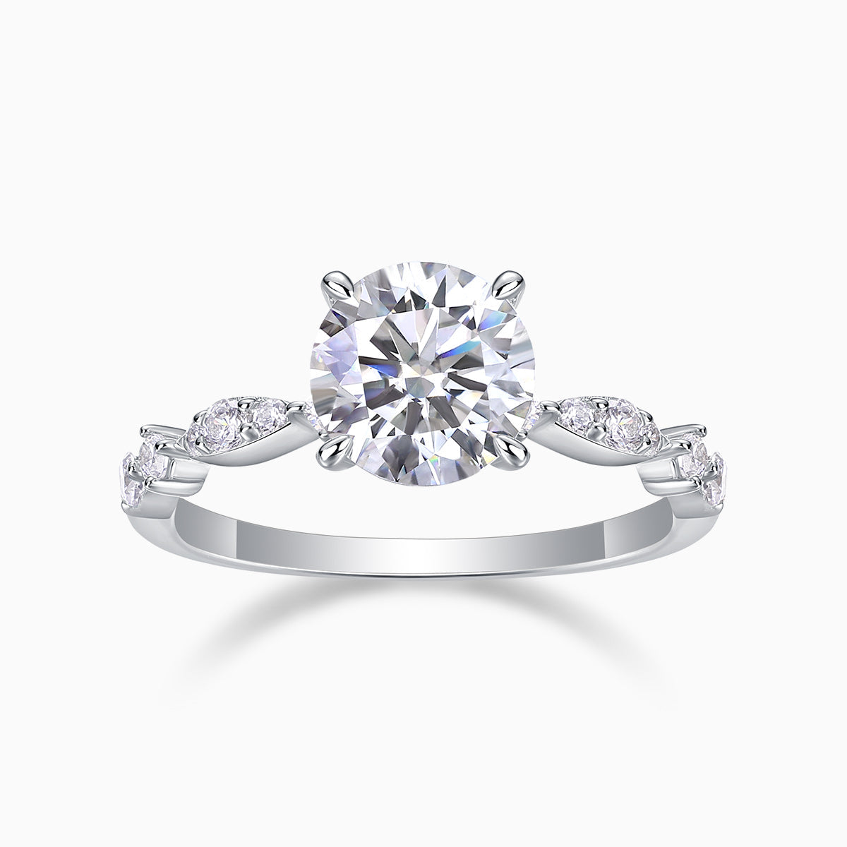 Round twist moissanite engagement ring, white gold plated, prong-set round center stone