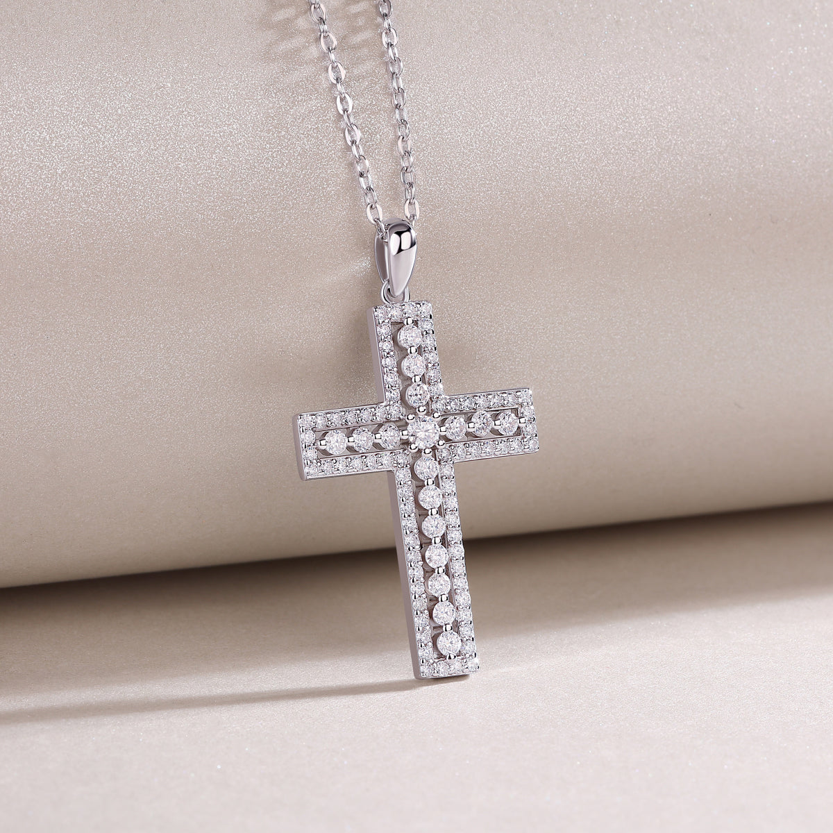 Pavé cross pendant necklace, white gold vermeil, side view showing stone sections