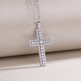 Pavé cross pendant necklace, white gold vermeil, side view showing stone sections