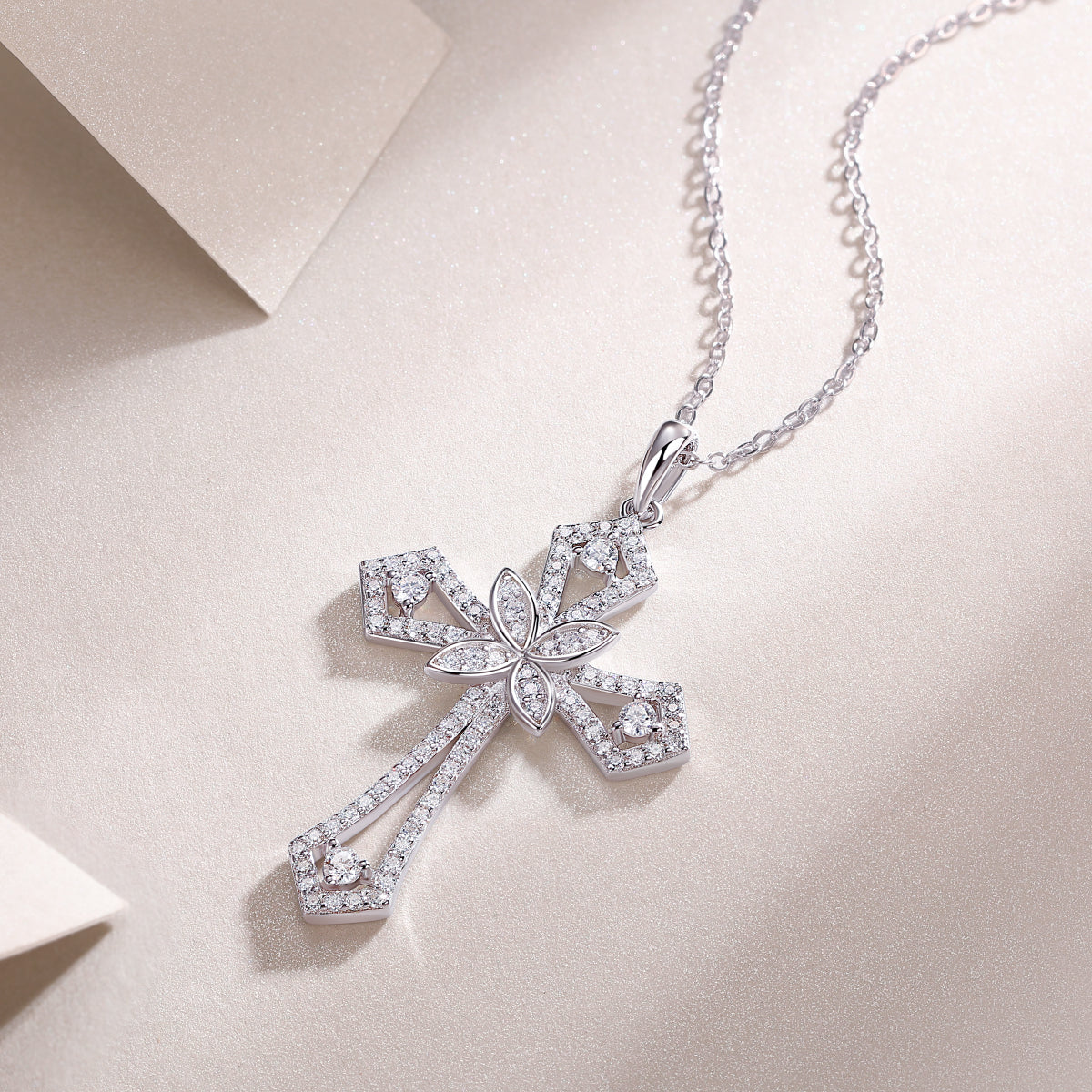 Pavé moissanite Gothic floral cross pendant necklace, floral center, white gold tone