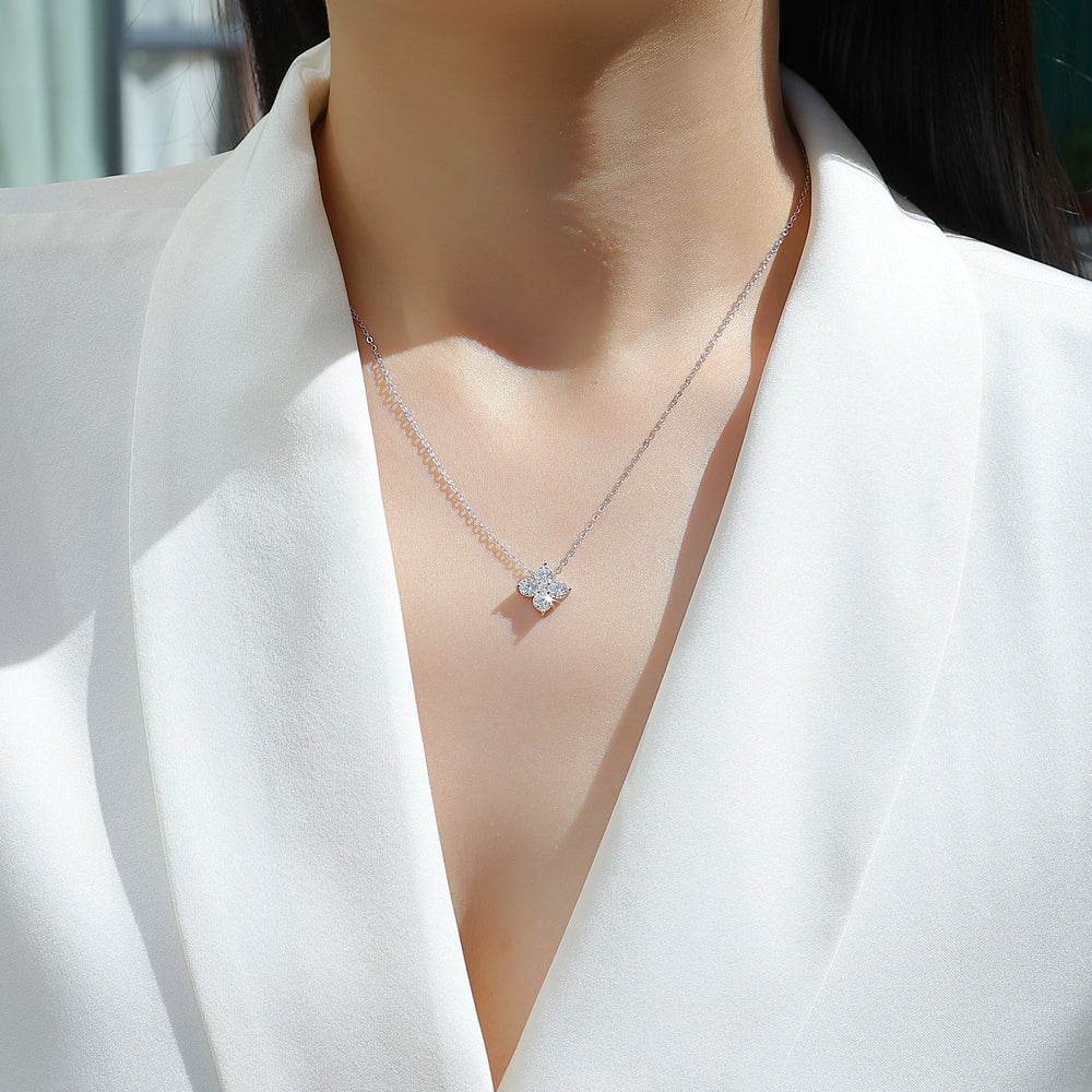 Floral cluster moissanite pendant necklace on neckline, white gold vermeil