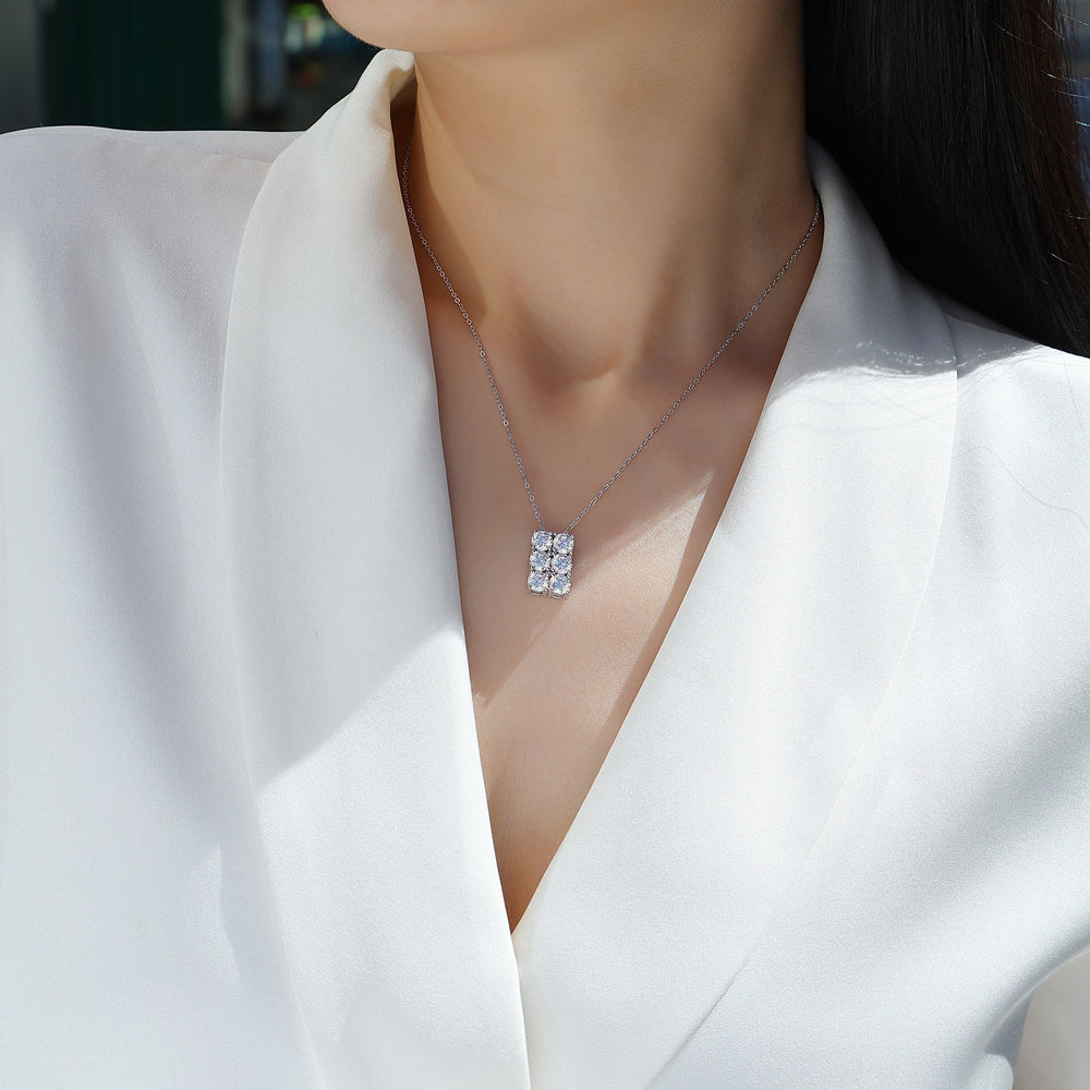 Square moissanite cluster pendant on chain, white gold vermeil