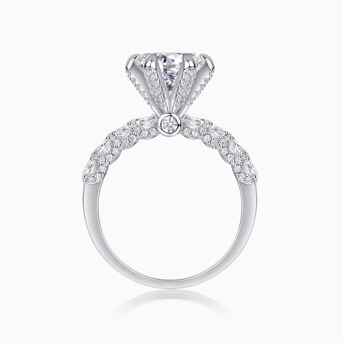 Top view of six-prong pavé moissanite engagement ring, round center stone detail