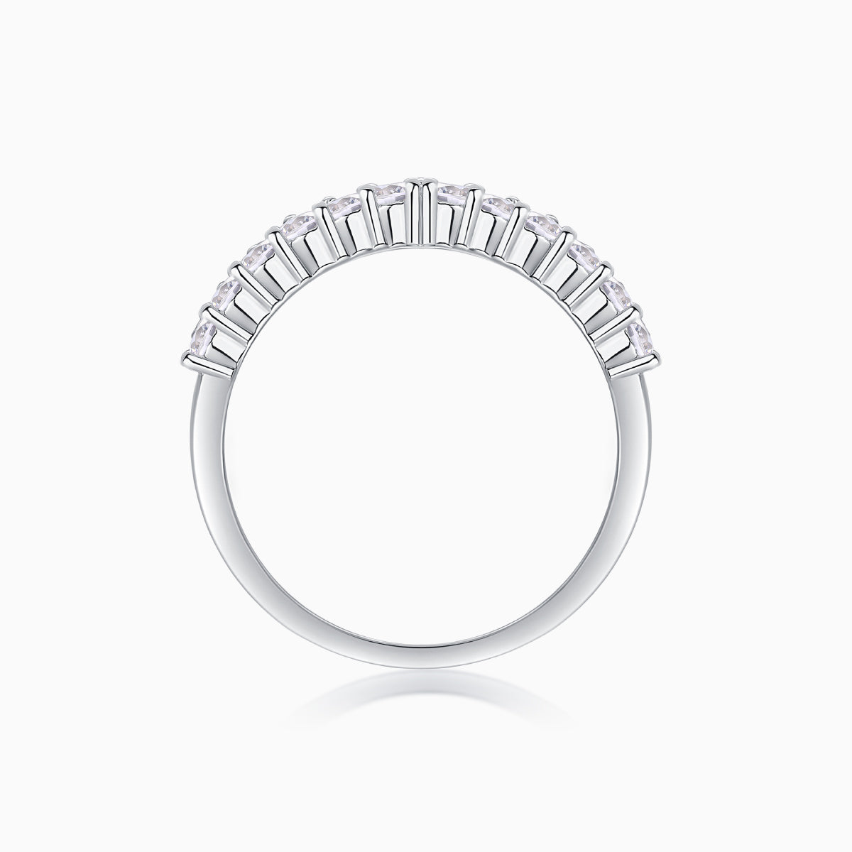 Curved Moissanite Pavé Band, top view with pavé stones set along the curved rim