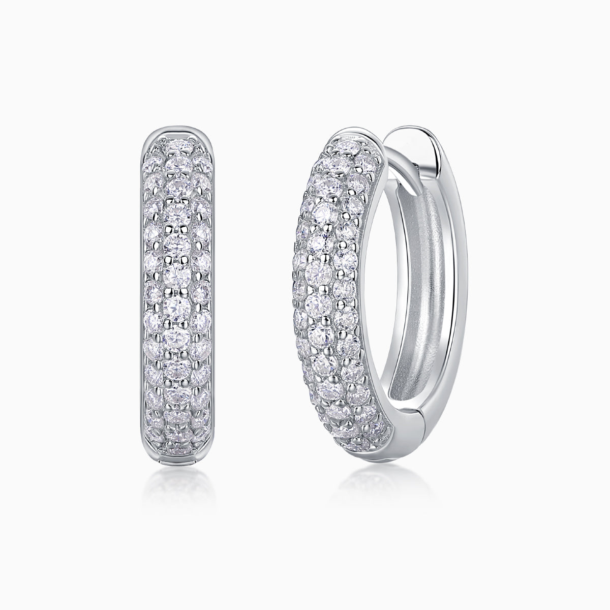 Triple row pavé moissanite huggie hoop earrings in white gold vermeil