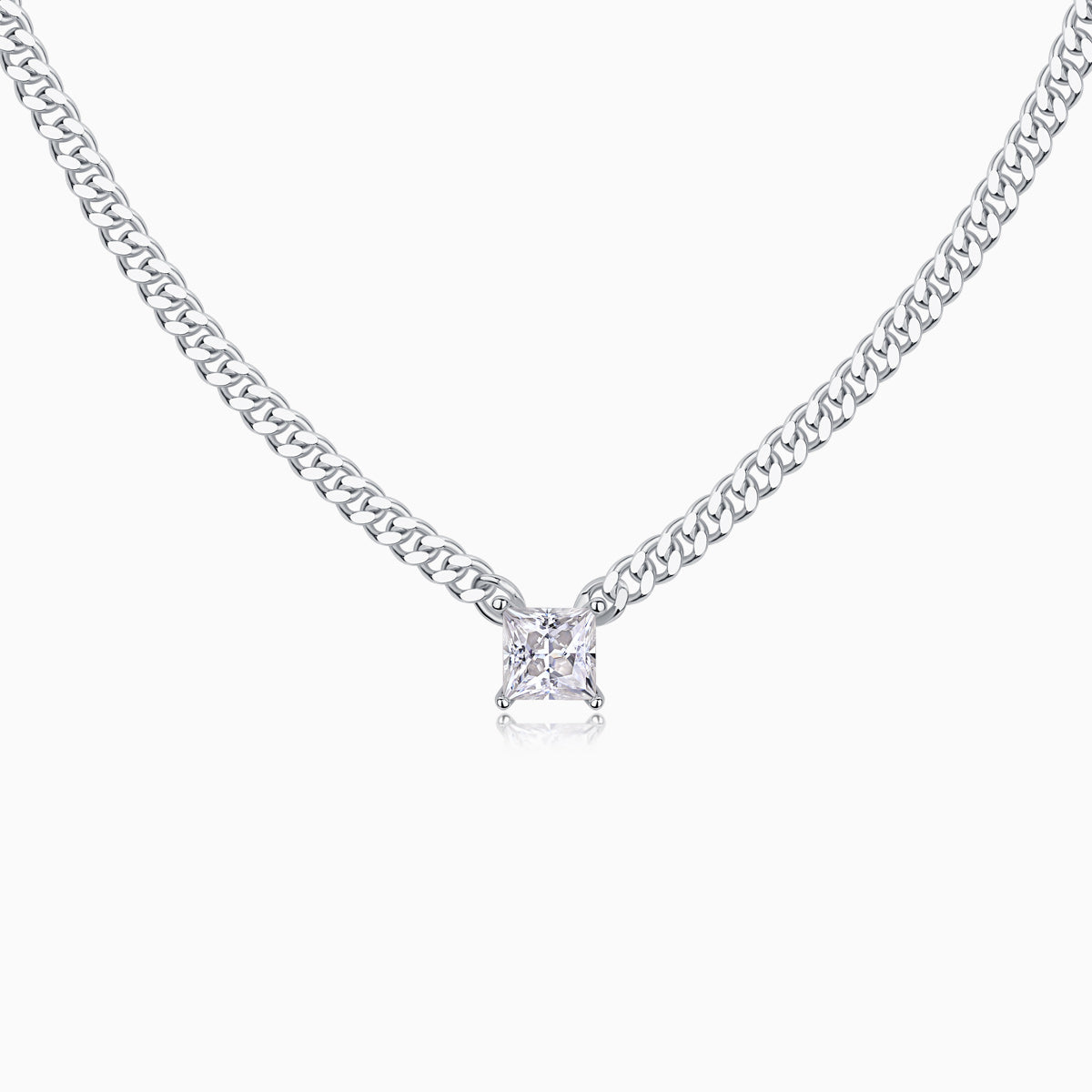 Princess cut moissanite Cuban link chain necklace with square pendant, white gold vermeil
